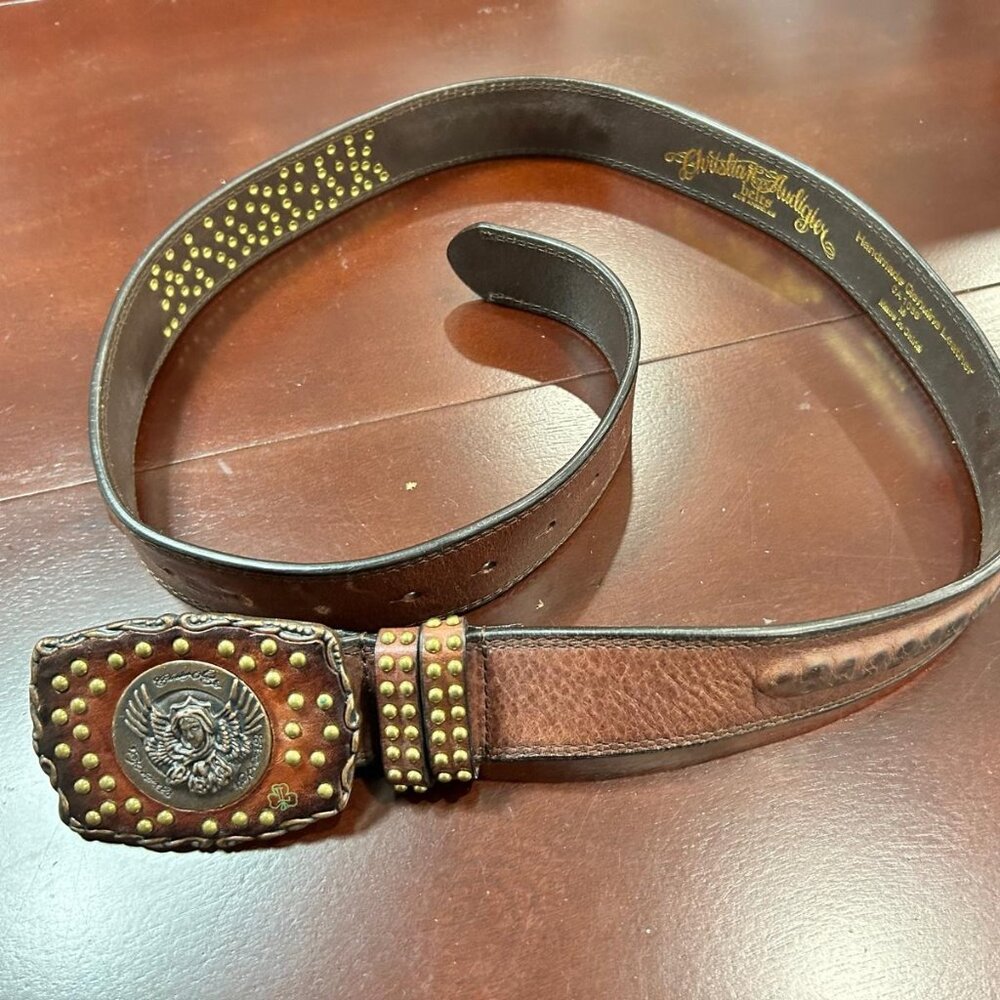 Christian Audigier Vintage Handmade Genuine Leather Belt (Gold Stud Effect)